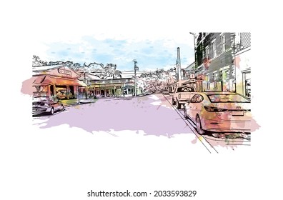 Building view with landmark of Key West is the 
city in Florida. Watercolor splash with hand drawn sketch illustration in vector.