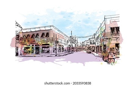 La vista de construcción con el punto de referencia de Key West es la 
ciudad de Florida. Salto de color de agua con ilustración de esbozo dibujada a mano en vector.