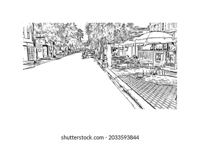 La vista de construcción con el punto de referencia de Key West es la 
ciudad de Florida. Dibujo a mano de ilustración de esbozo en vector.