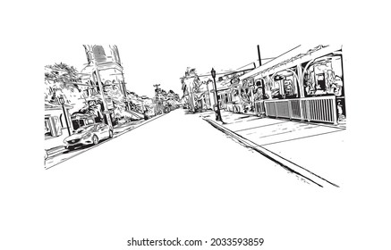 Building view with landmark of Key West is the 
city in Florida. Hand drawn sketch illustration in vector.