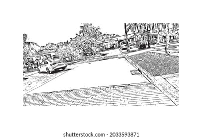 Building view with landmark of Key West is the 
city in Florida. Hand drawn sketch illustration in vector.