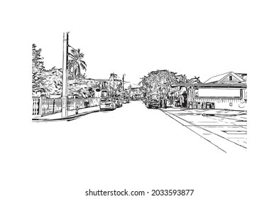 Building view with landmark of Key West is the 
city in Florida. Hand drawn sketch illustration in vector.