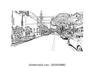 Building view with landmark of Key West is the 
city in Florida. Hand drawn sketch illustration in vector.