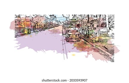 Building view with landmark of Key West is the 
city in Florida. Watercolor splash with hand drawn sketch illustration in vector.