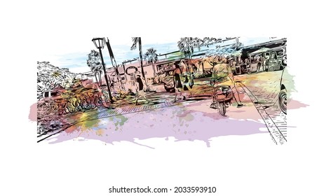 La vista de construcción con el punto de referencia de Key West es la 
ciudad de Florida. Salto de color de agua con ilustración de esbozo dibujada a mano en vector.