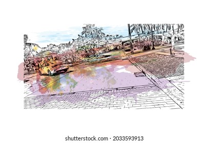 Bausicht mit Wahrzeichen des Key West ist die 
Stadt in Florida. Aquarellspritzer mit handgezeichneter Skizzengrafik in Vektorgrafik.