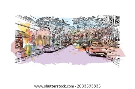 Building view with landmark of Key West is the 
city in Florida. Watercolor splash with hand drawn sketch illustration in vector.