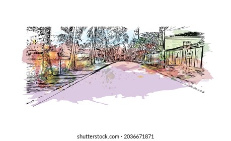 Building view with landmark of Khao Lak is a villages in Thailand. Watercolor splash with hand drawn sketch illustration in vector.