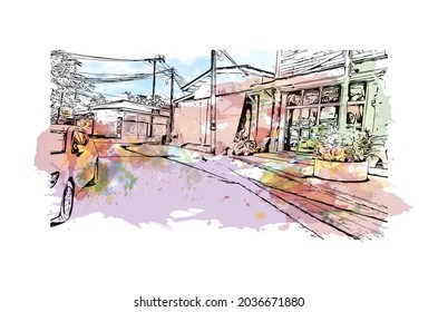 Building view with landmark of Khao Lak is a villages in Thailand. Watercolor splash with hand drawn sketch illustration in vector.