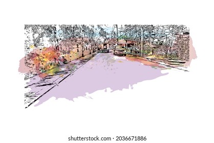 Building view with landmark of Khao Lak is a villages in Thailand. Watercolor splash with hand drawn sketch illustration in vector.
