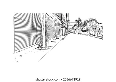 Building view with landmark of Khao Lak is a villages in Thailand. Hand drawn sketch illustration in vector.