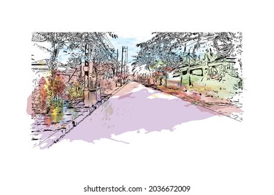 Building view with landmark of Khao Lak is a villages in Thailand. Watercolor splash with hand drawn sketch illustration in vector.