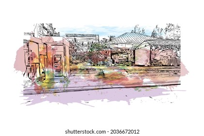 Building view with landmark of Khao Lak is a villages in Thailand. Watercolor splash with hand drawn sketch illustration in vector.
