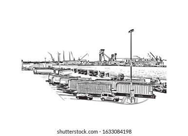 Building view with landmark of Kiel is a port city on Germany’s Baltic Sea coast. Hand drawn sketch illustration in vector.