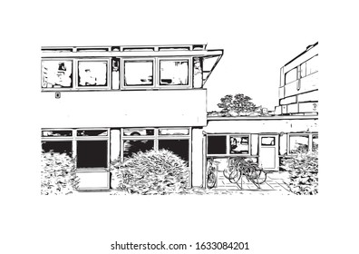 Building view with landmark of Kiel is a port city on Germany’s Baltic Sea coast. Hand drawn sketch illustration in vector.
