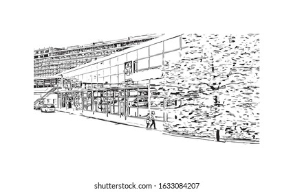 Building view with landmark of Kiel is a port city on Germany’s Baltic Sea coast. Hand drawn sketch illustration in vector.