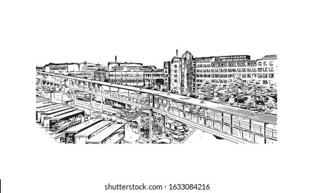 Building view with landmark of Kiel is a port city on Germany’s Baltic Sea coast. Hand drawn sketch illustration in vector.