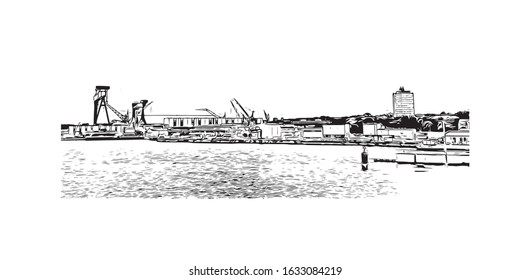 Building view with landmark of Kiel is a port city on Germany’s Baltic Sea coast. Hand drawn sketch illustration in vector.