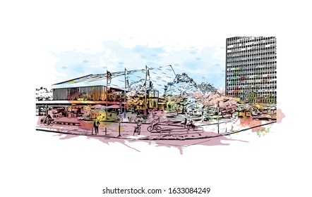 Building view with landmark of Kiel is a port city on Germany’s Baltic Sea coast. Watercolor splash with Hand drawn sketch illustration in vector.