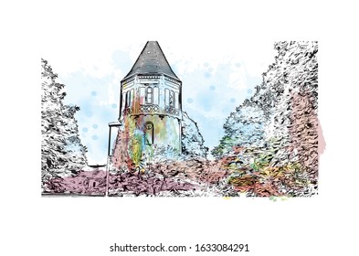 Building view with landmark of Kiel is a port city on Germany’s Baltic Sea coast. Watercolor splash with Hand drawn sketch illustration in vector.