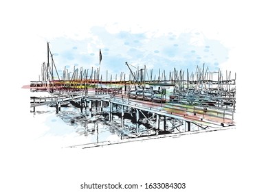 Building view with landmark of Kiel is a port city on Germany’s Baltic Sea coast. Watercolor splash with Hand drawn sketch illustration in vector.