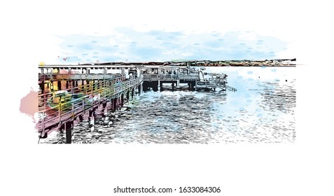 Building view with landmark of Kiel is a port city on Germany’s Baltic Sea coast. Watercolor splash with Hand drawn sketch illustration in vector.