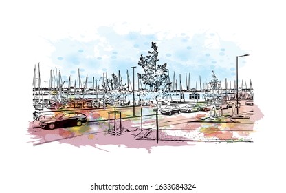 Building view with landmark of Kiel is a port city on Germany’s Baltic Sea coast. Watercolor splash with Hand drawn sketch illustration in vector.