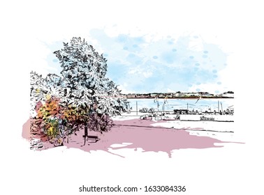 Building view with landmark of Kiel is a port city on Germany’s Baltic Sea coast. Watercolor splash with Hand drawn sketch illustration in vector.