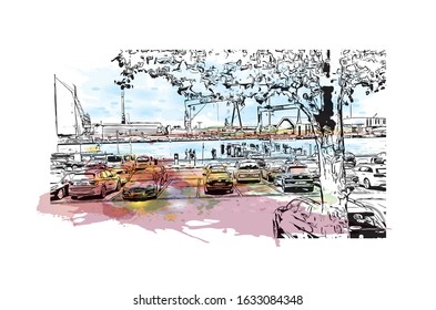 Building view with landmark of Kiel is a port city on Germany’s Baltic Sea coast. Watercolor splash with Hand drawn sketch illustration in vector.