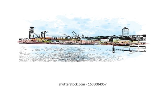 Building view with landmark of Kiel is a port city on Germany’s Baltic Sea coast. Watercolor splash with Hand drawn sketch illustration in vector.