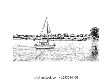 Building view with landmark of Kiel is a port city on Germany’s Baltic Sea coast. Hand drawn sketch illustration in vector.