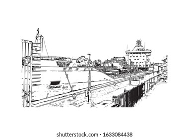 Building view with landmark of Kiel is a port city on Germany’s Baltic Sea coast. Hand drawn sketch illustration in vector.