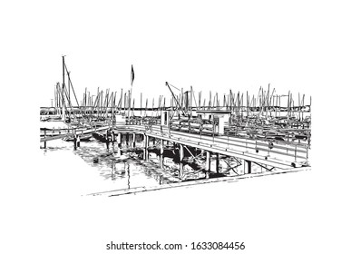 Building view with landmark of Kiel is a port city on Germany’s Baltic Sea coast. Hand drawn sketch illustration in vector.