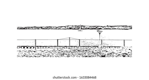 Building view with landmark of Kiel is a port city on Germany’s Baltic Sea coast. Hand drawn sketch illustration in vector.