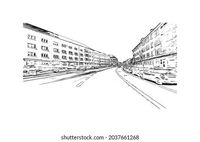 Building view with landmark of Kiel is a port city in Germany. Hand drawn sketch illustration in vector.