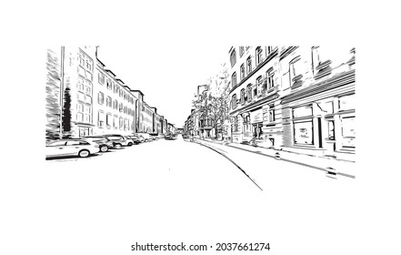 Building view with landmark of Kiel is a port city in Germany. Hand drawn sketch illustration in vector.