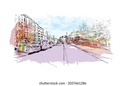 Building view with landmark of Kiel is a port city in Germany. Watercolor splash with hand drawn sketch illustration in vector.