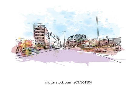 Building view with landmark of Kiel is a port city in Germany. Watercolor splash with hand drawn sketch illustration in vector.