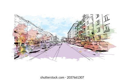 Building view with landmark of Kiel is a port city in Germany. Watercolor splash with hand drawn sketch illustration in vector.