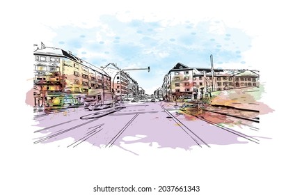 Building view with landmark of Kiel is a port city in Germany. Watercolor splash with hand drawn sketch illustration in vector.