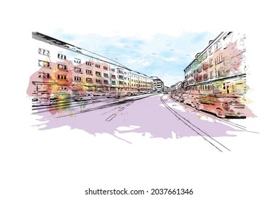 Building view with landmark of Kiel is a port city in Germany. Watercolor splash with hand drawn sketch illustration in vector.