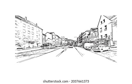 Building view with landmark of Kiel is a port city in Germany. Hand drawn sketch illustration in vector.