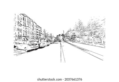 Building view with landmark of Kiel is a port city in Germany. Hand drawn sketch illustration in vector.