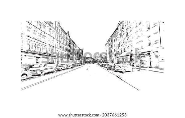 Building view with\
landmark of Kiel is a port city in Germany. Hand drawn sketch\
illustration in\
vector.