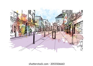 Building view with landmark of Kilkenny is a medieval town in southeast Ireland. Watercolor splash with hand drawn sketch illustration in vector.