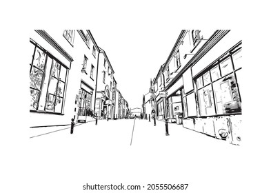 Building view with landmark of Kilkenny is a medieval town in southeast Ireland. Hand drawn sketch illustration in vector.