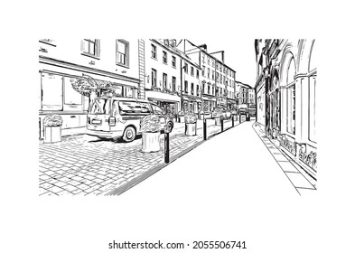 Building view with landmark of Kilkenny is a medieval town in southeast Ireland. Hand drawn sketch illustration in vector.