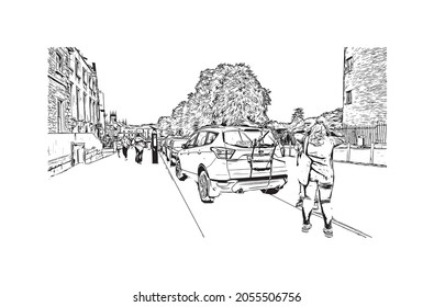 Building view with landmark of Kilkenny is a medieval town in southeast Ireland. Hand drawn sketch illustration in vector.