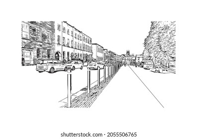 Building view with landmark of Kilkenny is a medieval town in southeast Ireland. Hand drawn sketch illustration in vector.