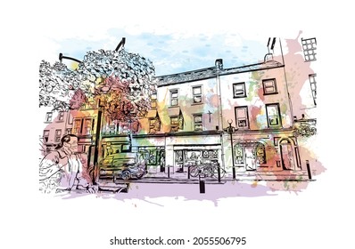 Building view with landmark of Kilkenny is a medieval town in southeast Ireland. Watercolor splash with hand drawn sketch illustration in vector.